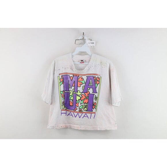 Vtg 90s Streetwear Womens OSFA Cropped Flower Maui Hawaii Surfing T-Shirt USA - Picture 1 of 13